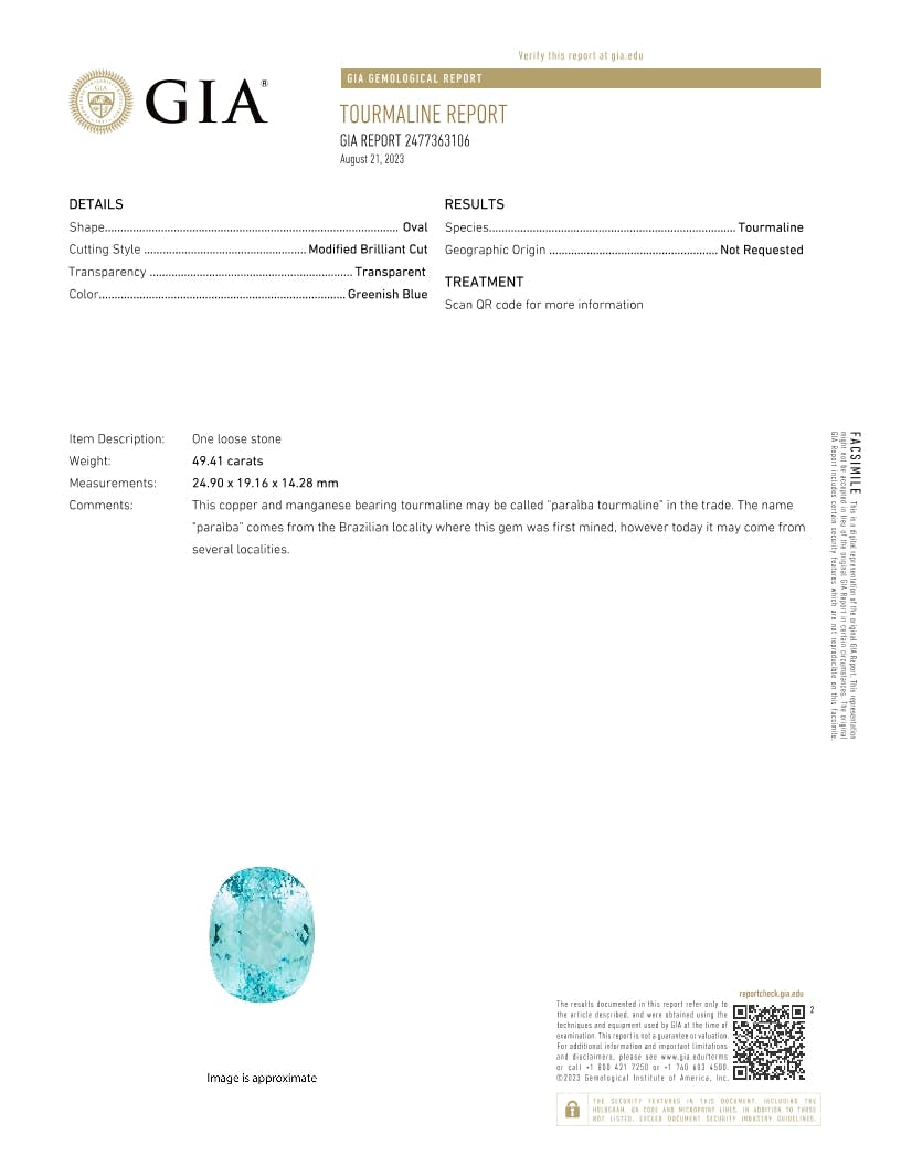 Paraiba Tourmaline 49.41 ct